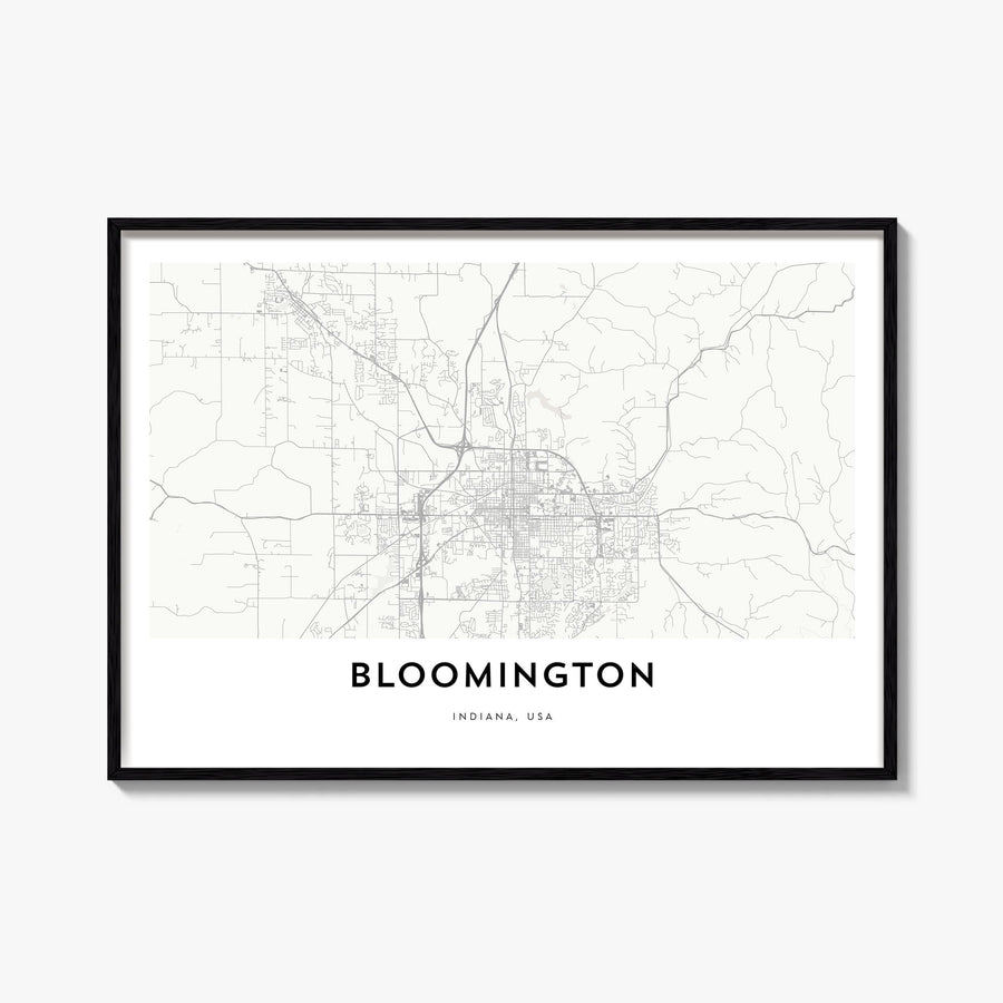 Bloomington black & white map poster of Indiana, USA – horizontal wall art, unframed print shown in interior mockup