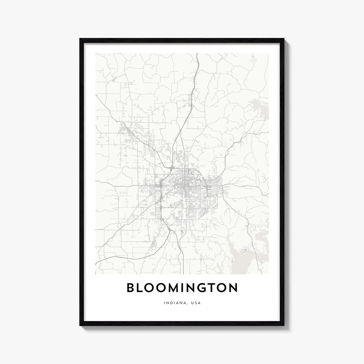 Bloomington black & white map poster of Indiana, USA – vertical wall art, unframed print shown in interior mockup