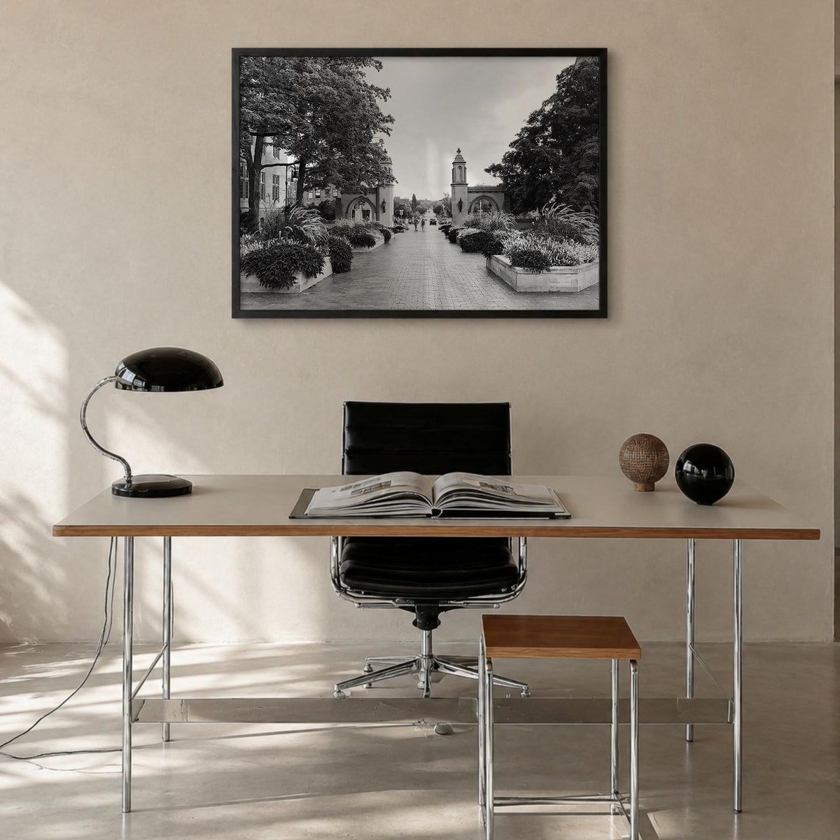 Bloomington black & white photo poster of Indiana, USA – horizontal wall art in black wood frame, hanging on wall