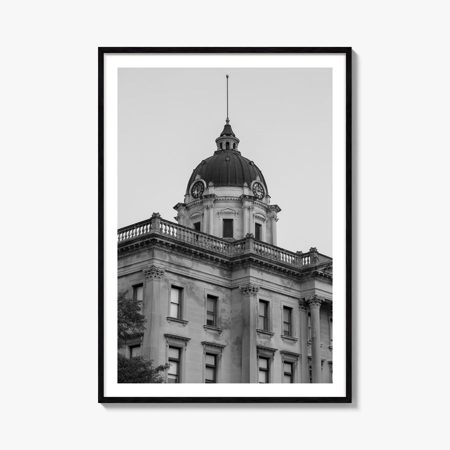 Bloomington black & white photo poster of Indiana, USA – vertical wall art, unframed print shown in interior mockup