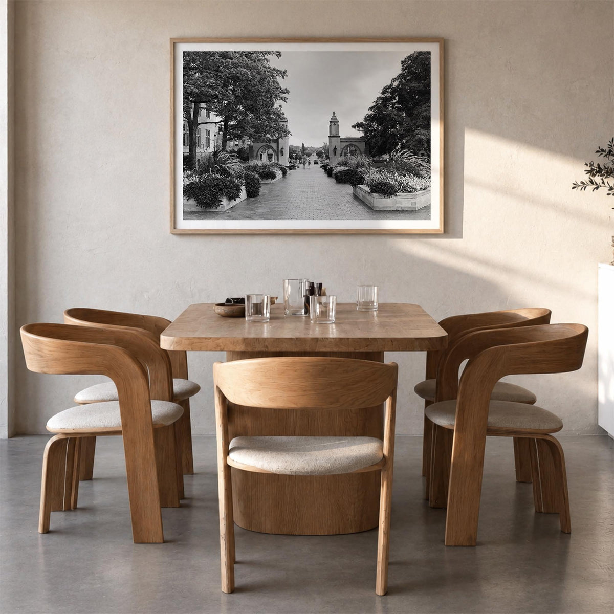 Bloomington black & white photo poster of Indiana, USA – horizontal wall art in natural wood frame with white border, hanging