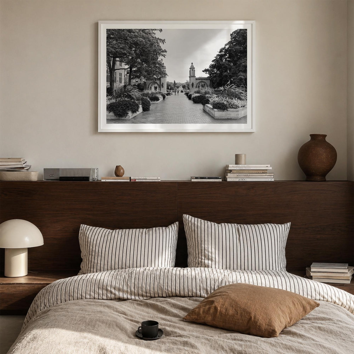 Bloomington black & white photo poster of Indiana, USA – horizontal wall art in white wood frame with white border, hanging o