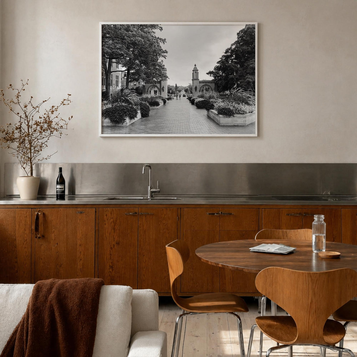 Bloomington black & white photo poster of Indiana, USA – horizontal wall art in white wood frame, hanging on wall