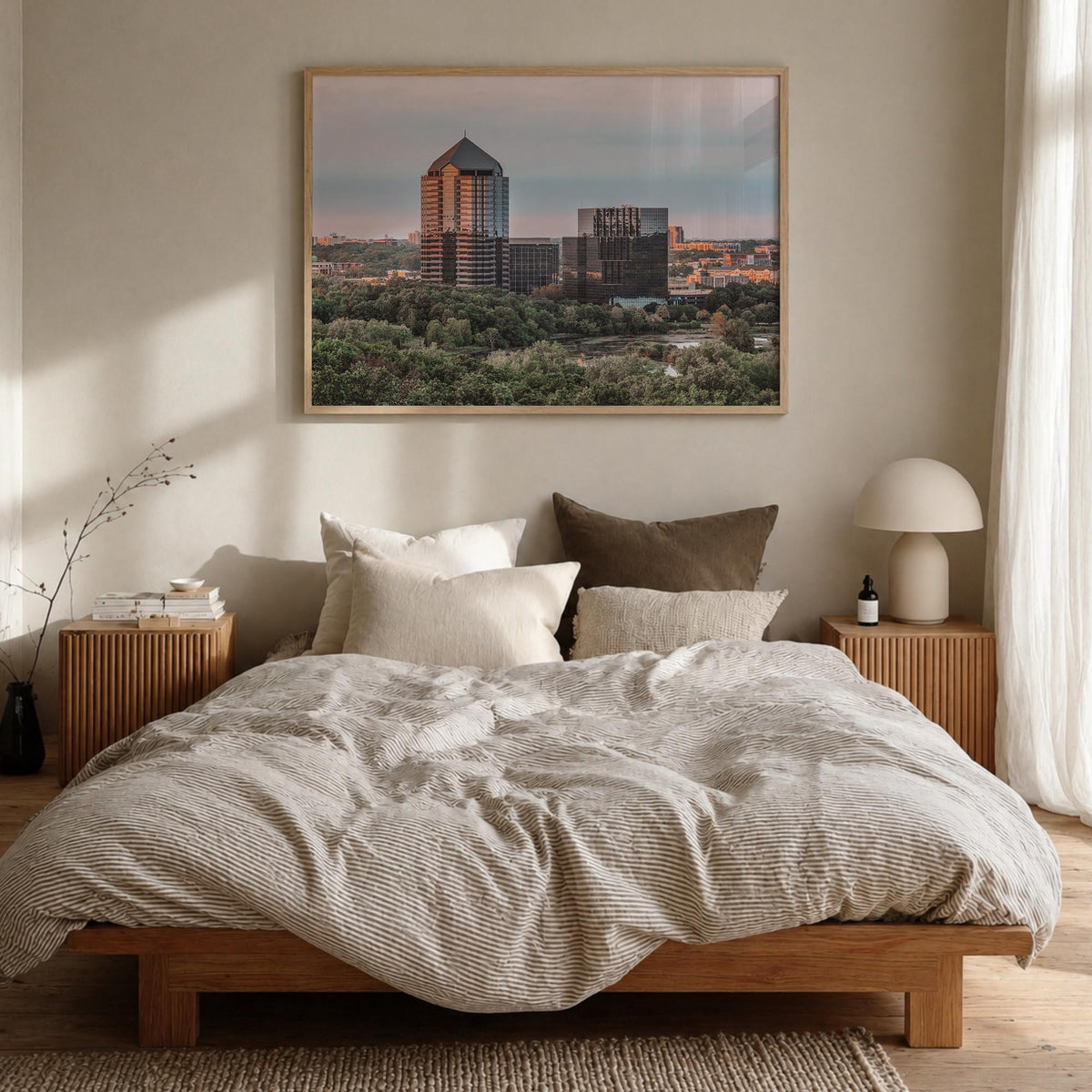 Bloomington colorful photo poster of Indiana, USA – horizontal wall art in natural wood frame, hanging on wall
