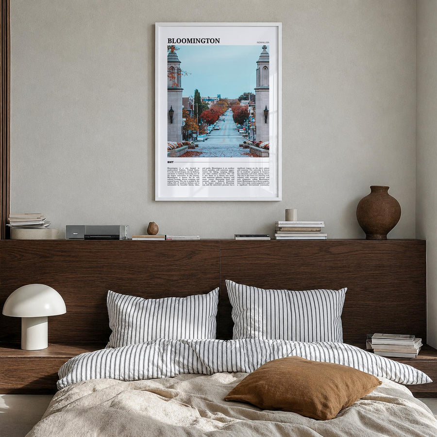 Bloomington colorful travel poster of Indiana, USA – vertical wall art in white wood frame, hanging on wall