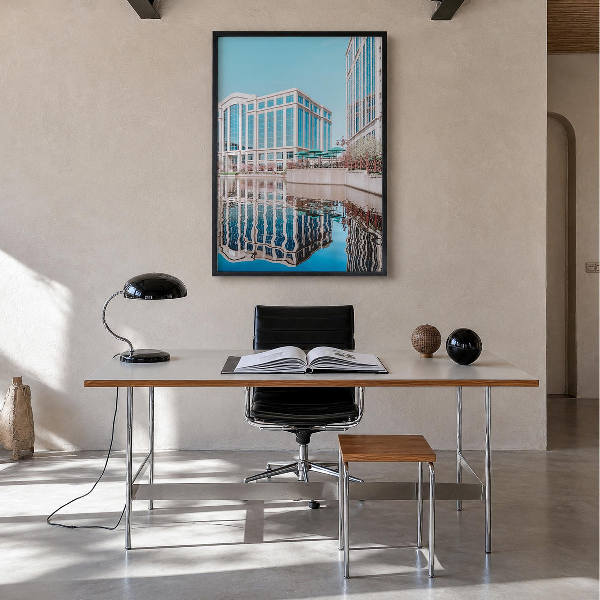 Bloomington no. 2 colorful photo poster of Indiana, USA – vertical wall art in black wood frame, hanging on wall