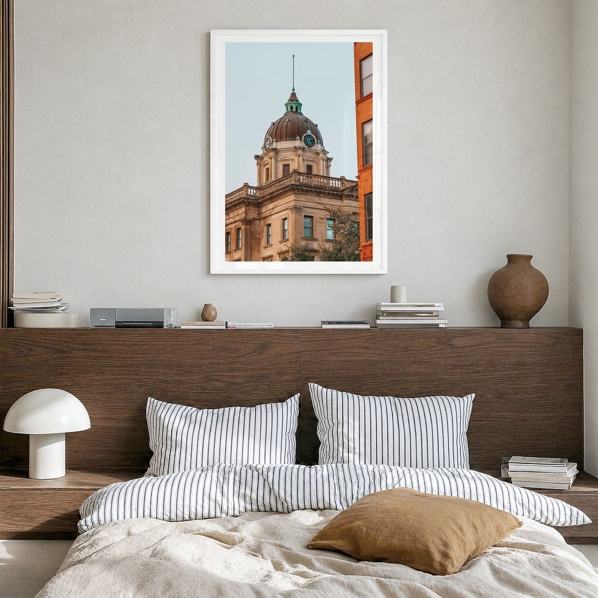 Bloomington Photo No 1 Poster in a white wood frame, hanging in a bedroom, white border
