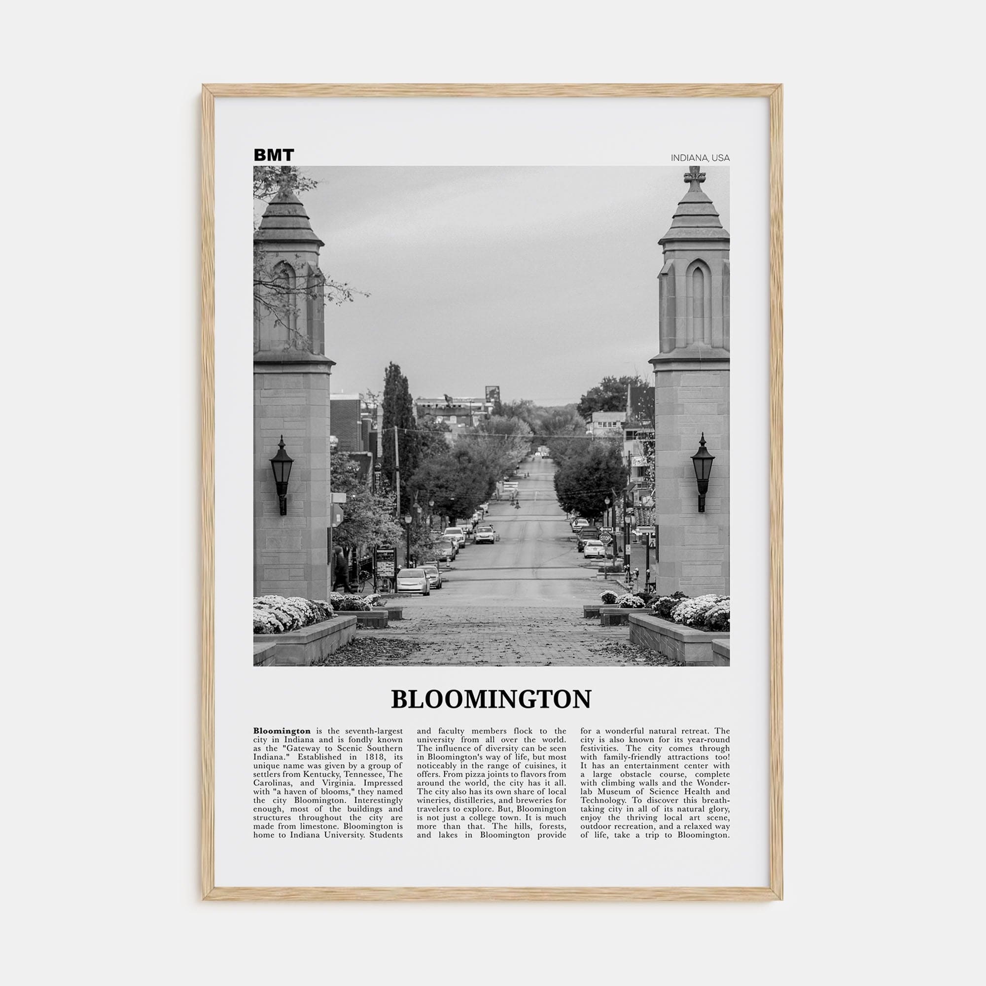 Bloomington Poster Natural Wood / 8x12 in Nbourhood Travel B&W Poster