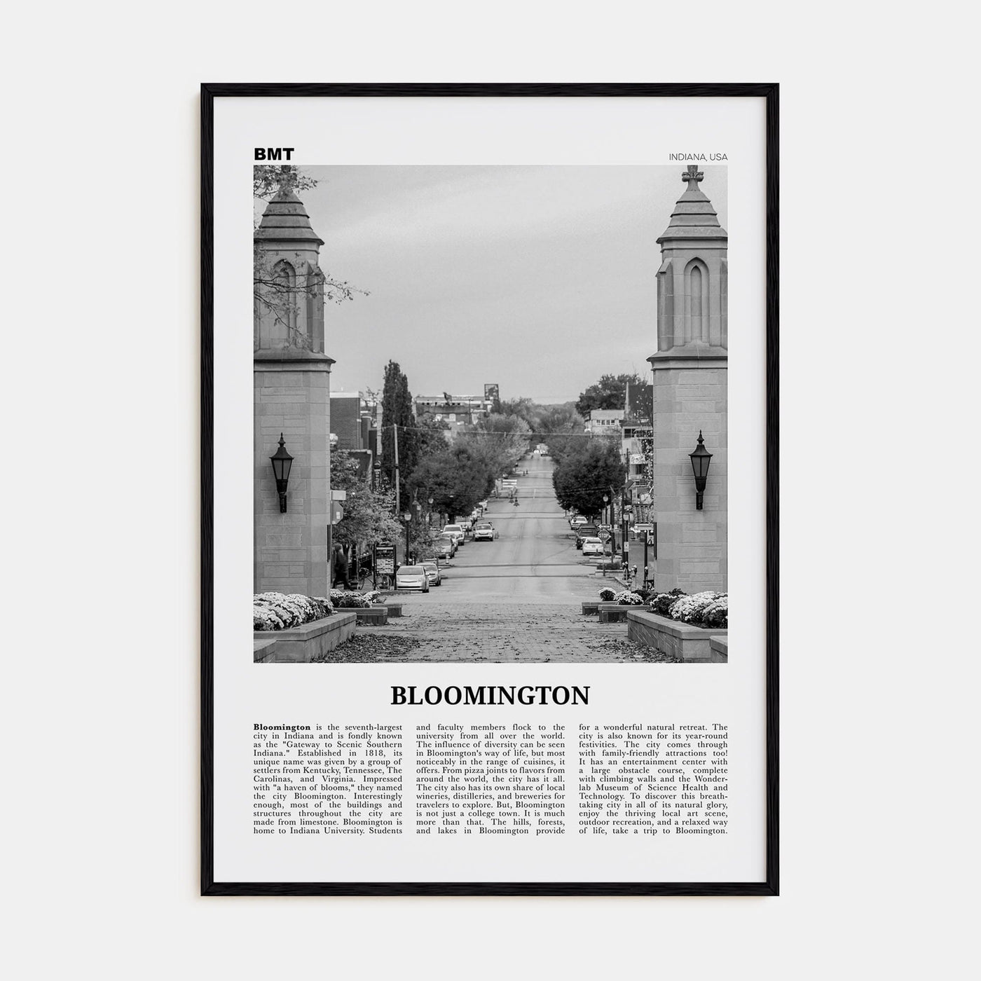 Bloomington Poster Black Wood / 8x12 in Nbourhood Travel B&W Poster