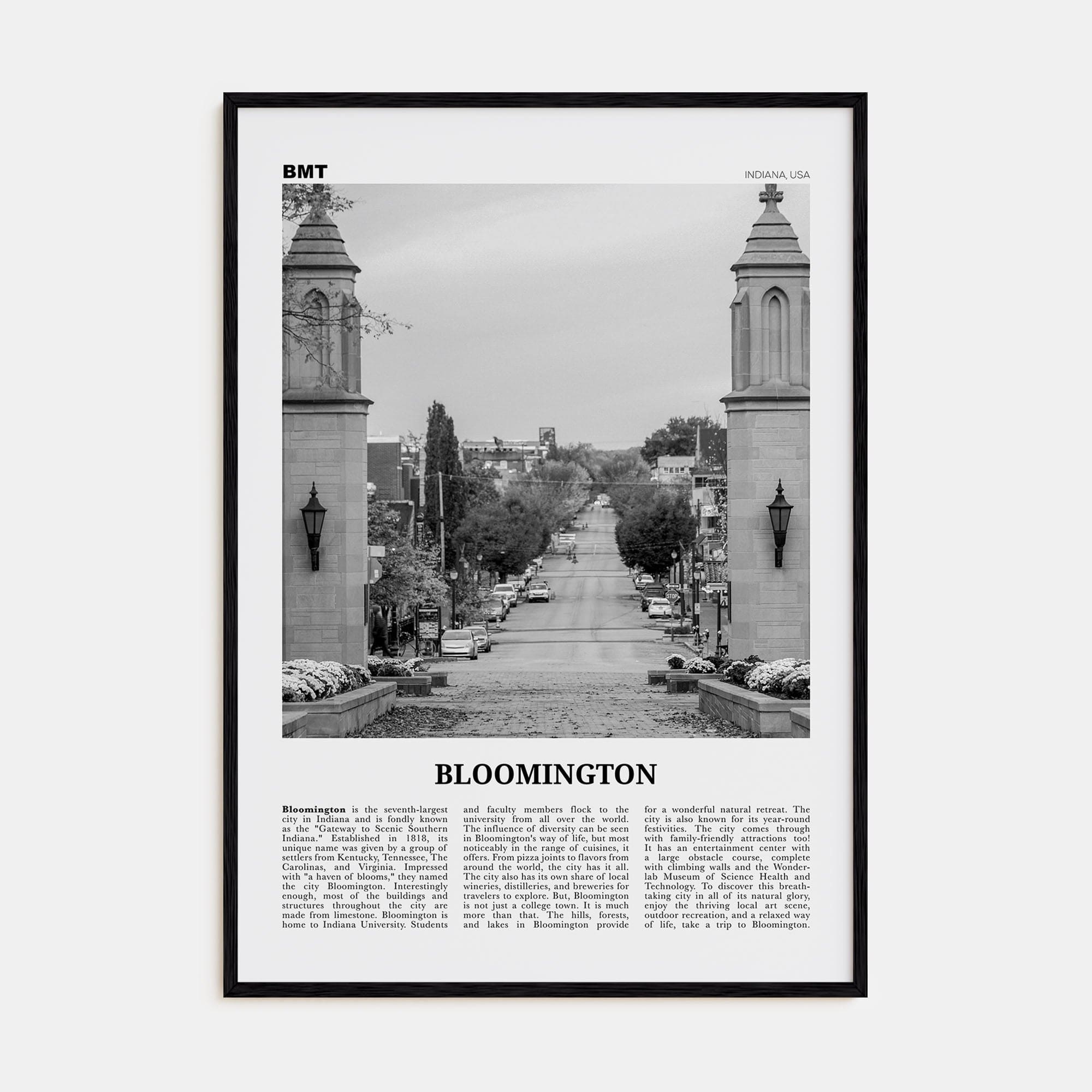 Bloomington Poster Black Wood / 8x12 in Nbourhood Travel B&W Poster