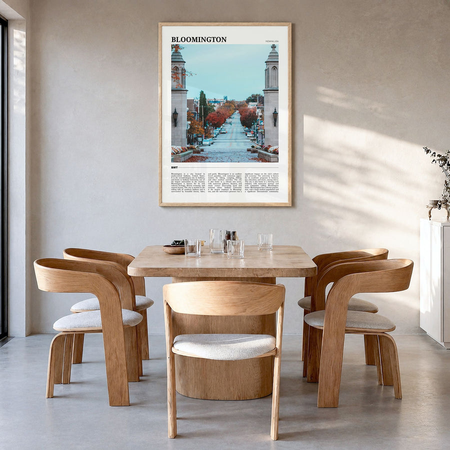 Bloomington Travel Poster in a natural wood frame, hanging in a dining room