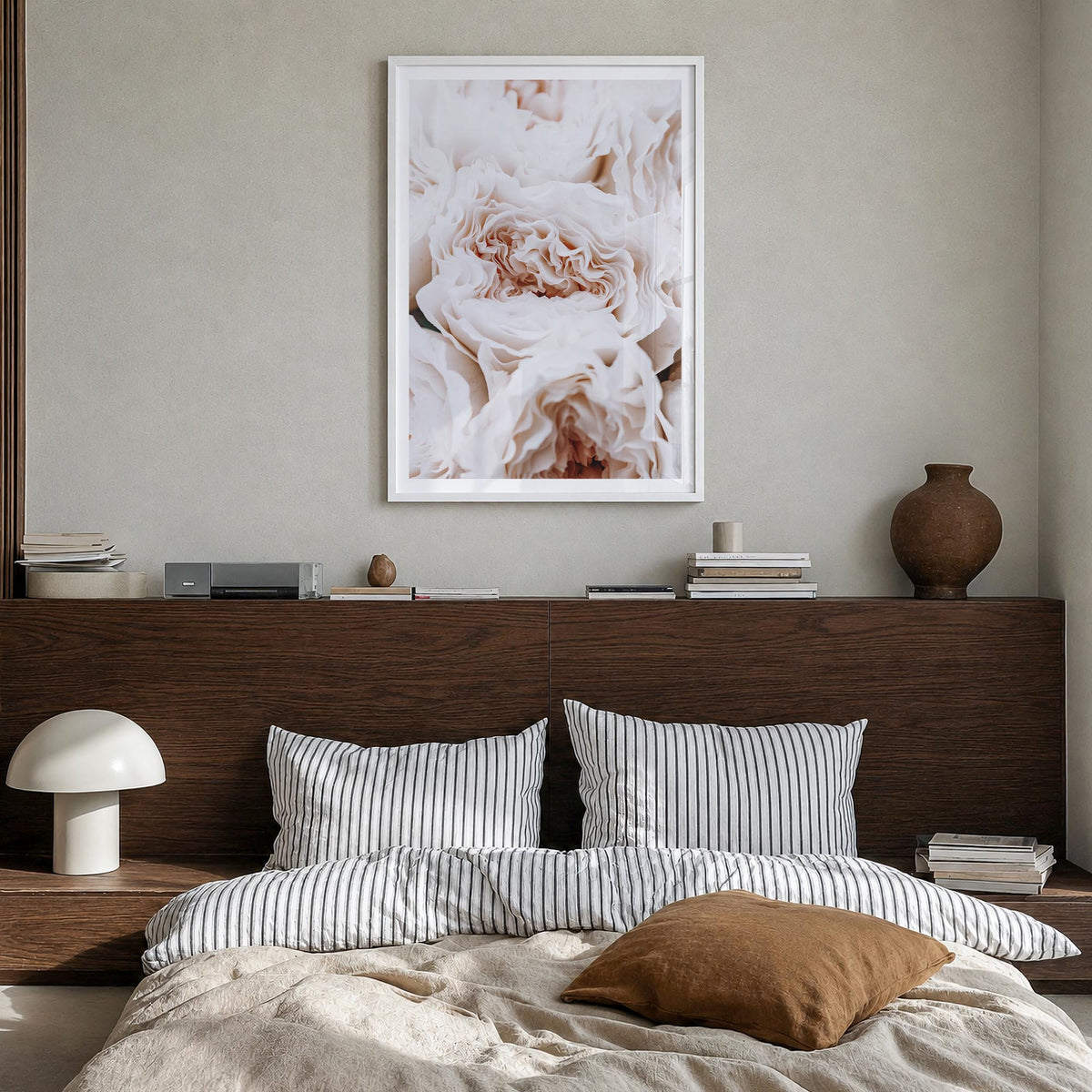 Blossoming Roses colorful photo poster – vertical wall art in white wood frame with white border, hanging on wall