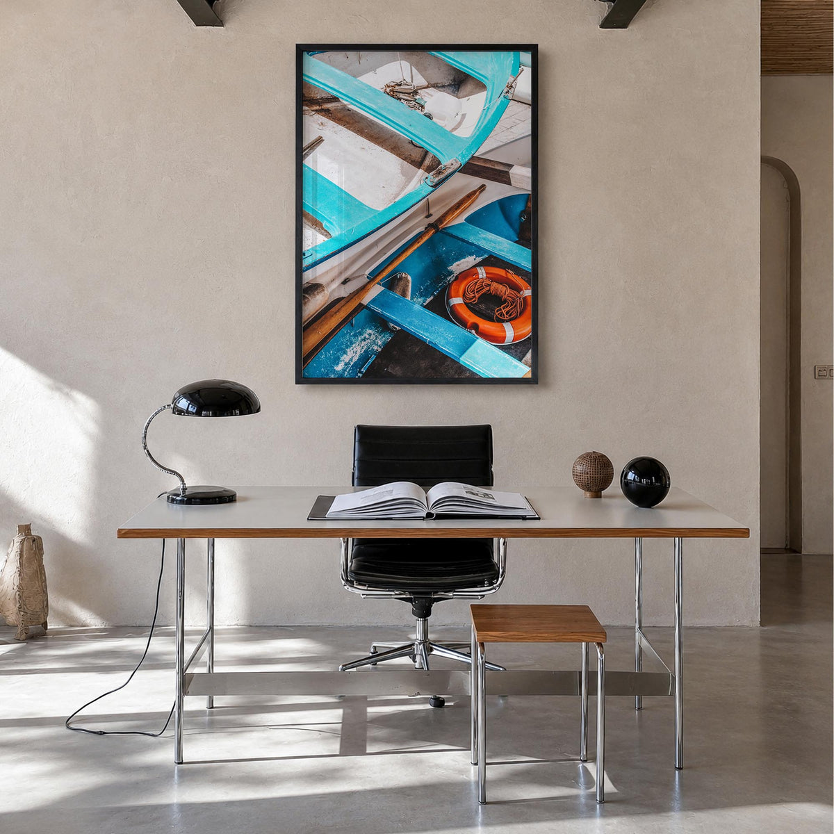 Blue Boats colorful photo poster – vertical wall art in black wood frame, hanging on wall