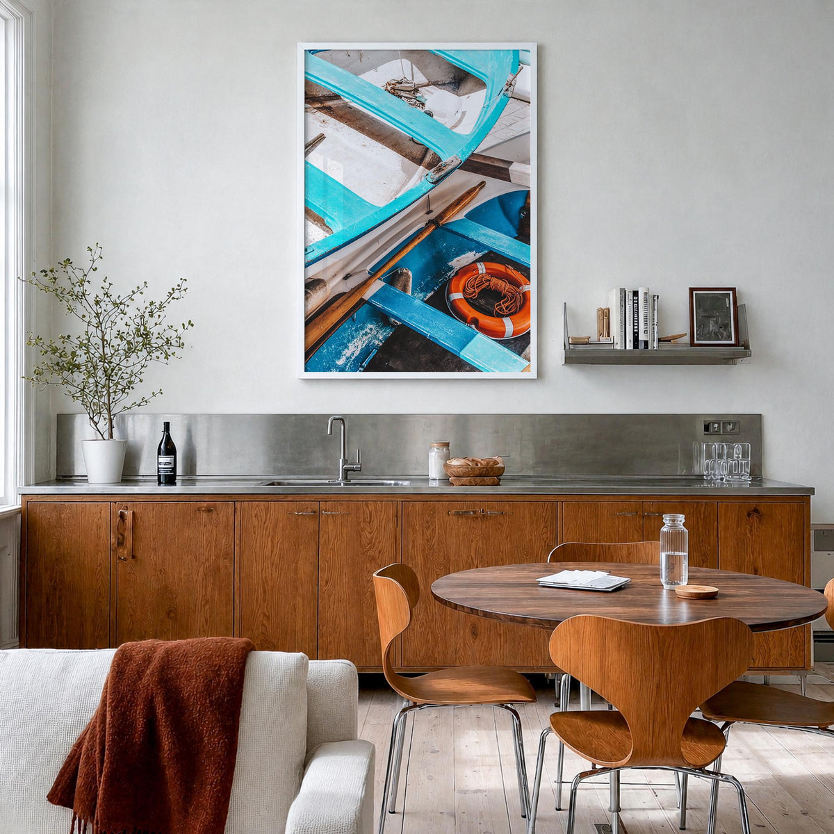 Blue Boats colorful photo poster – vertical wall art in white wood frame, hanging on wall