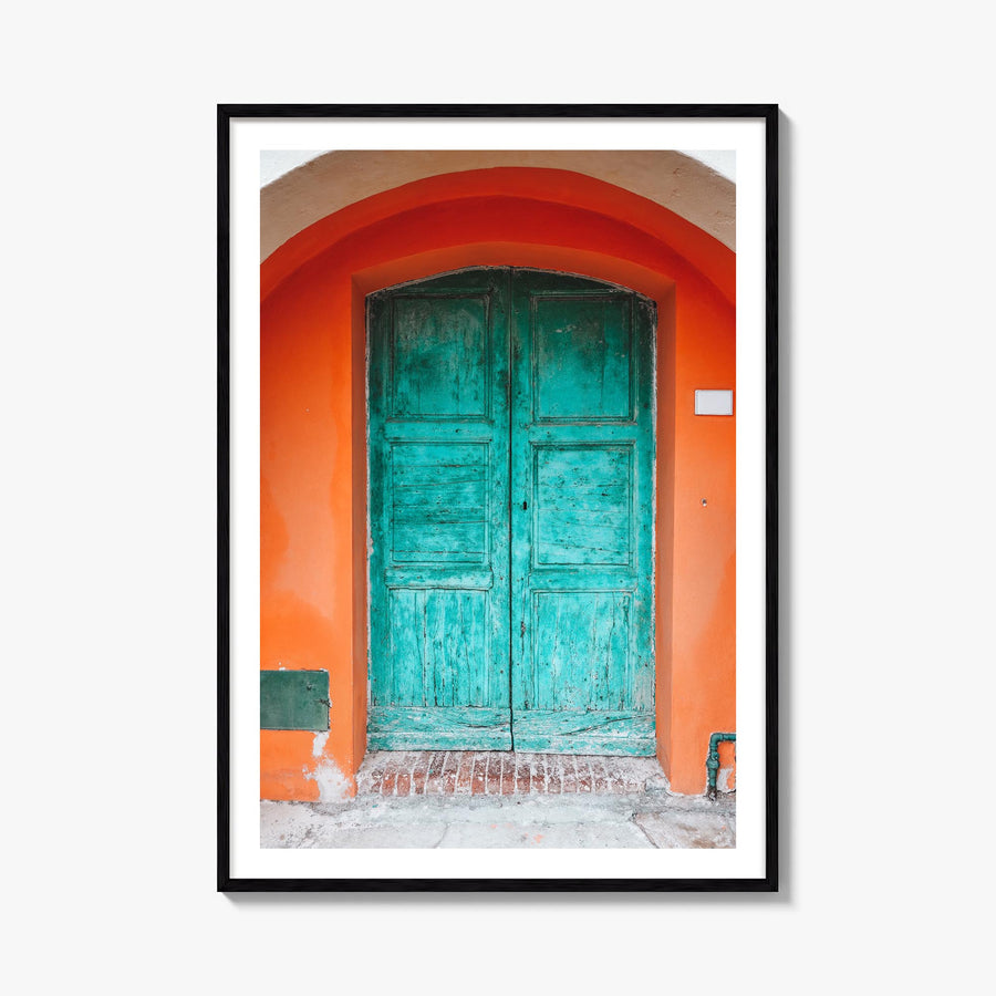 Blue Door no. 1 colorful photo poster – vertical wall art, unframed print shown in interior mockup
