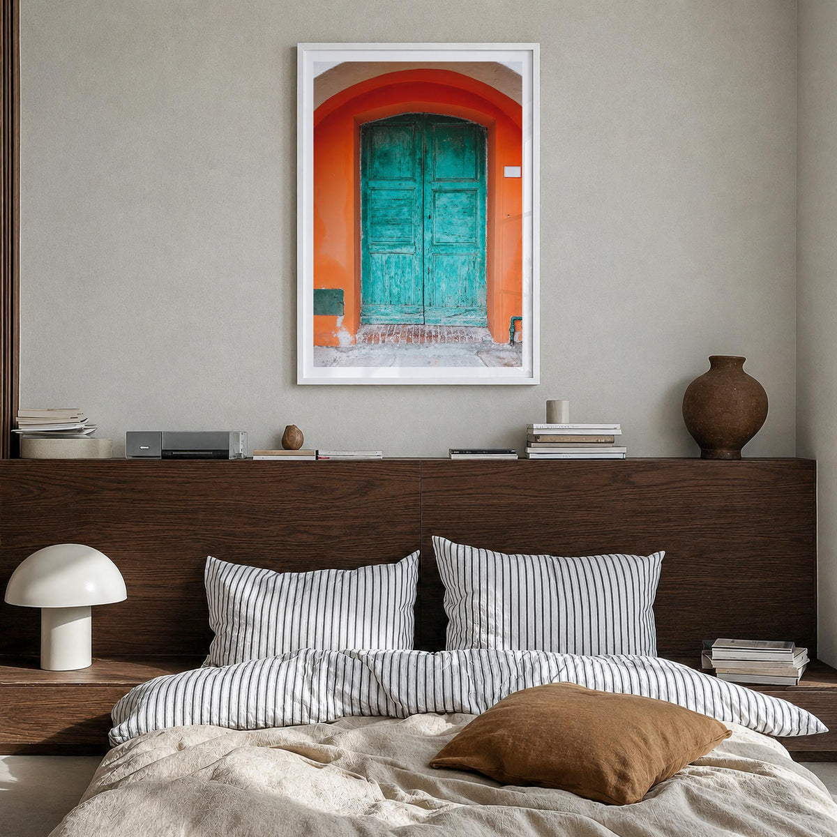 Blue Door no. 1 colorful photo poster – vertical wall art in white wood frame with white border, hanging on wall