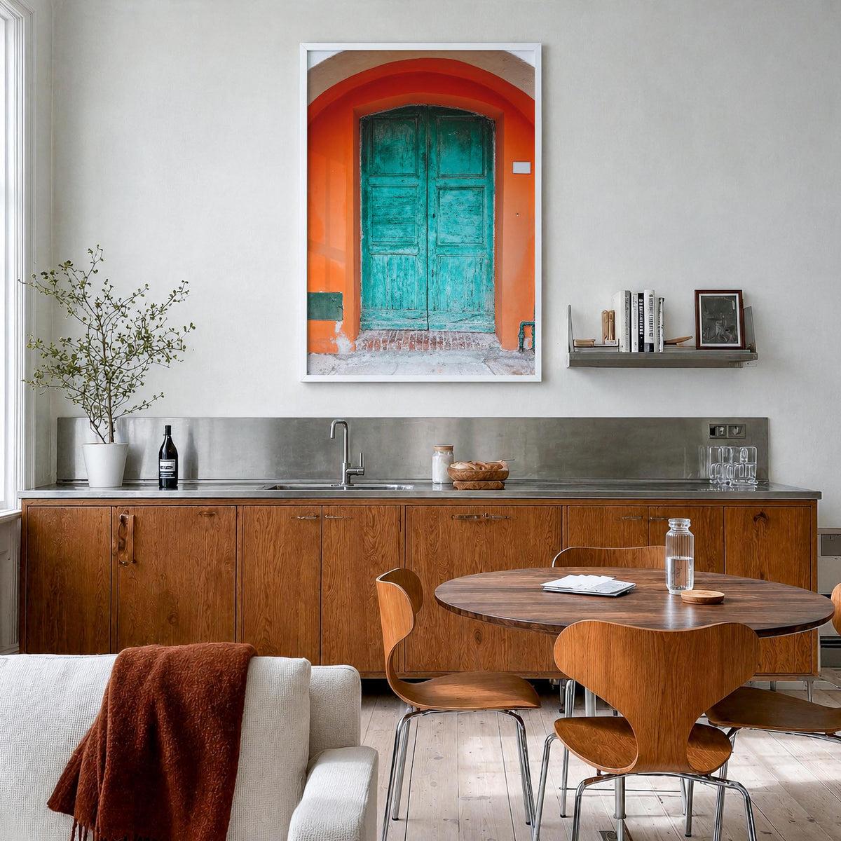 Blue Door no. 1 colorful photo poster – vertical wall art in white wood frame, hanging on wall