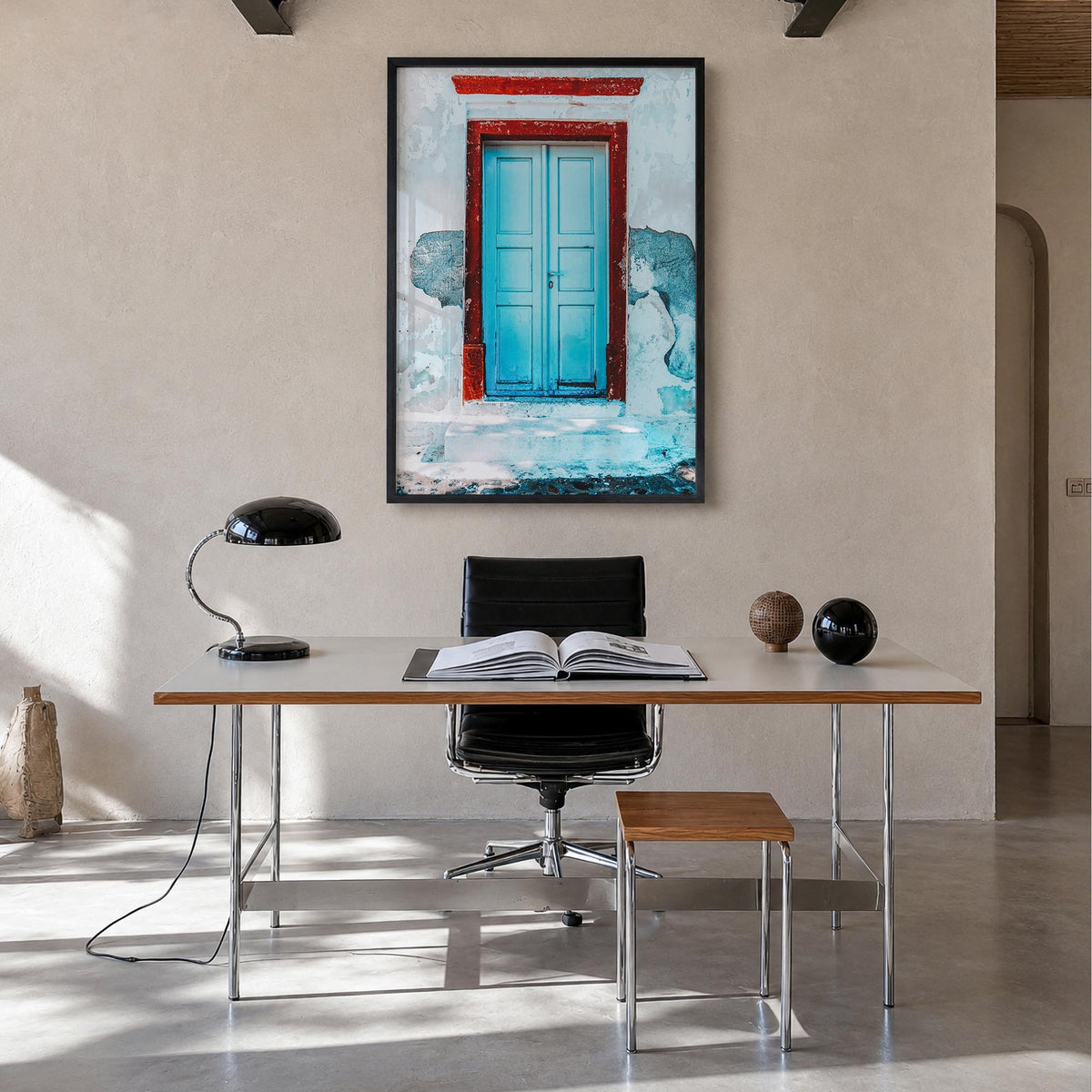 Blue Door no. 2 colorful photo poster – vertical wall art in black wood frame, hanging on wall