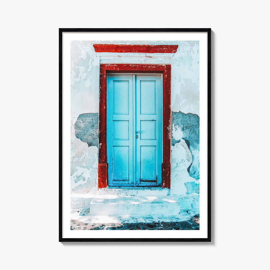 Blue Door no. 2 colorful photo poster – vertical wall art, unframed print shown in interior mockup