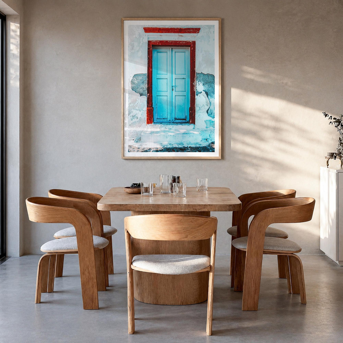 Blue Door no. 2 colorful photo poster – vertical wall art in natural wood frame with white border, hanging on wall