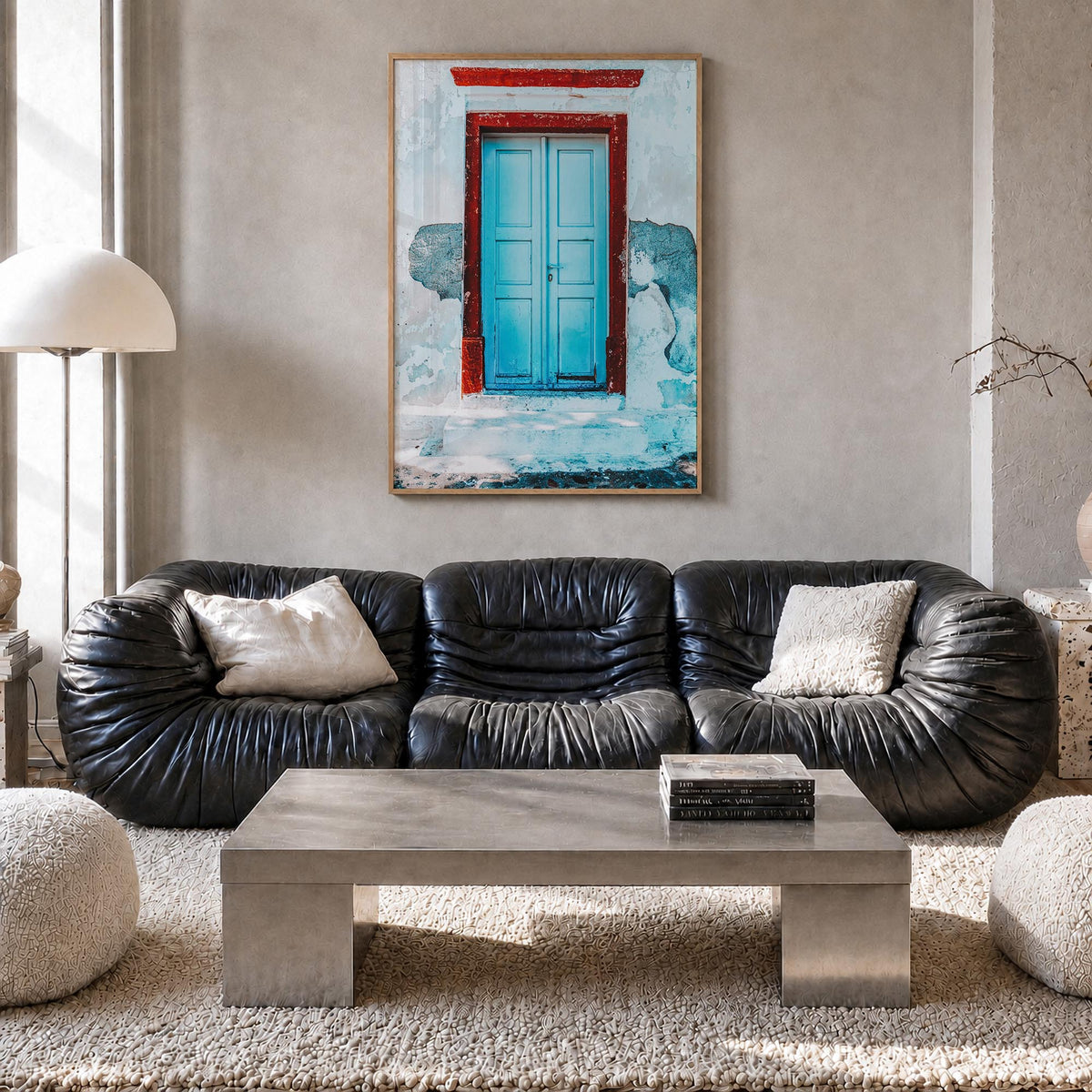 Blue Door no. 2 colorful photo poster – vertical wall art in natural wood frame, hanging on wall