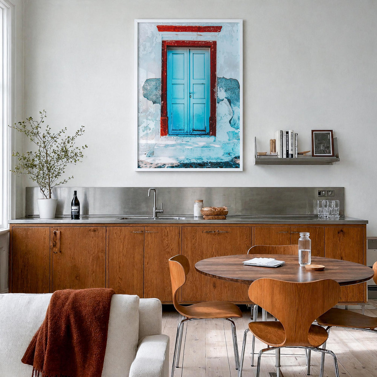 Blue Door no. 2 colorful photo poster – vertical wall art in white wood frame, hanging on wall