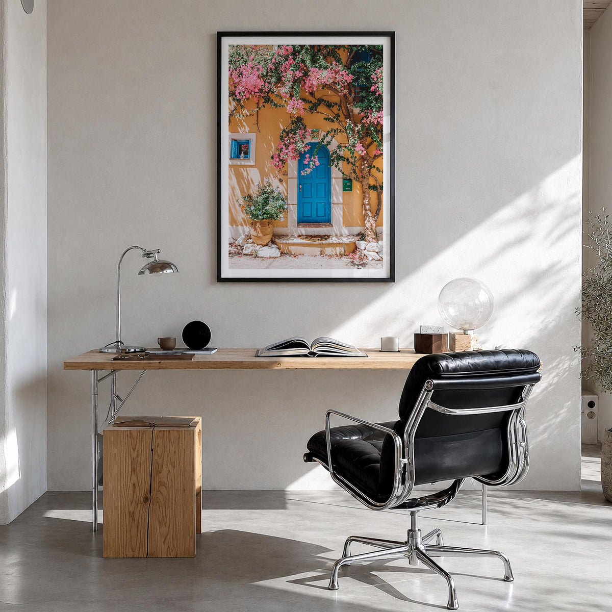 Blue Door no. 3 colorful photo poster – vertical wall art in black wood frame with white border, hanging on wall