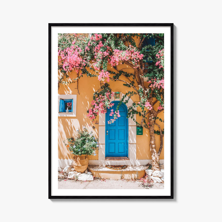 Blue Door no. 3 colorful photo poster – vertical wall art, unframed print shown in interior mockup