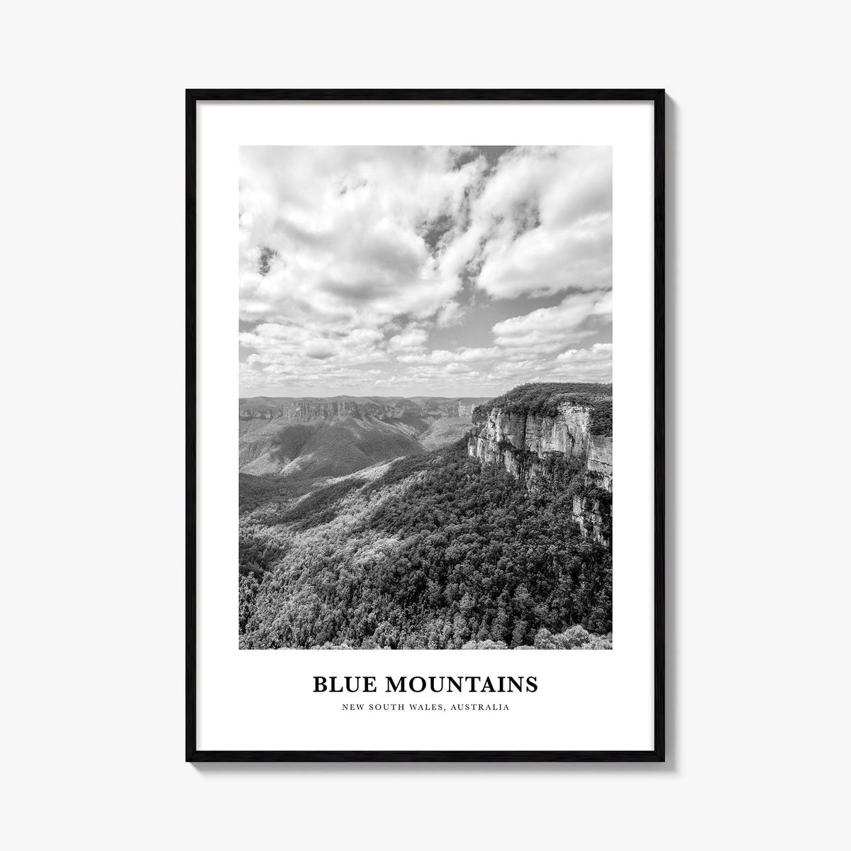 Blue Mountains black & white classic poster of Australia – vertical wall art, unframed print shown in interior mockup