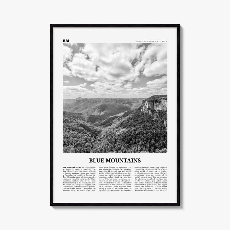 Blue Mountains black & white newspaper poster of Australia – vertical wall art, unframed print shown in interior mockup