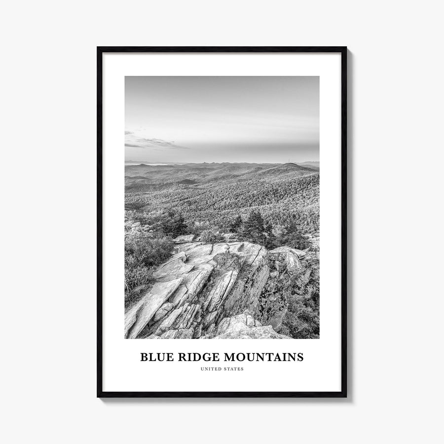 Blue Ridge Mountains black & white classic poster of United States – vertical wall art, unframed print shown in interior mock