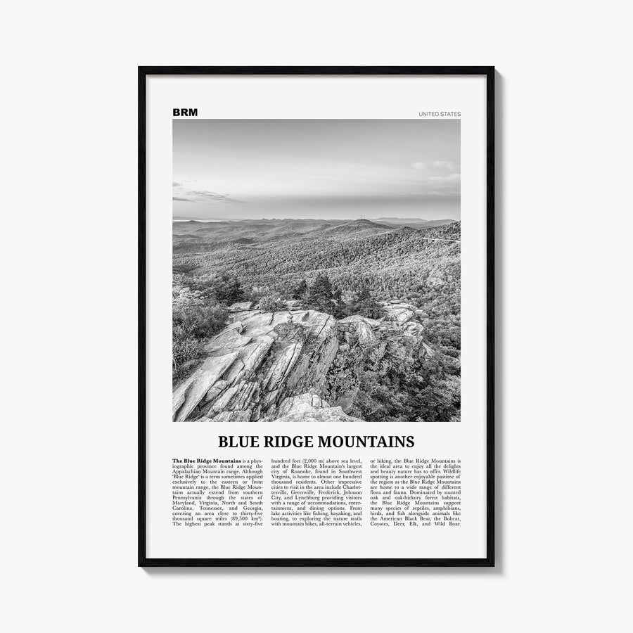 Blue Ridge Mountains black & white newspaper poster of United States – vertical wall art, unframed print shown in interior mo
