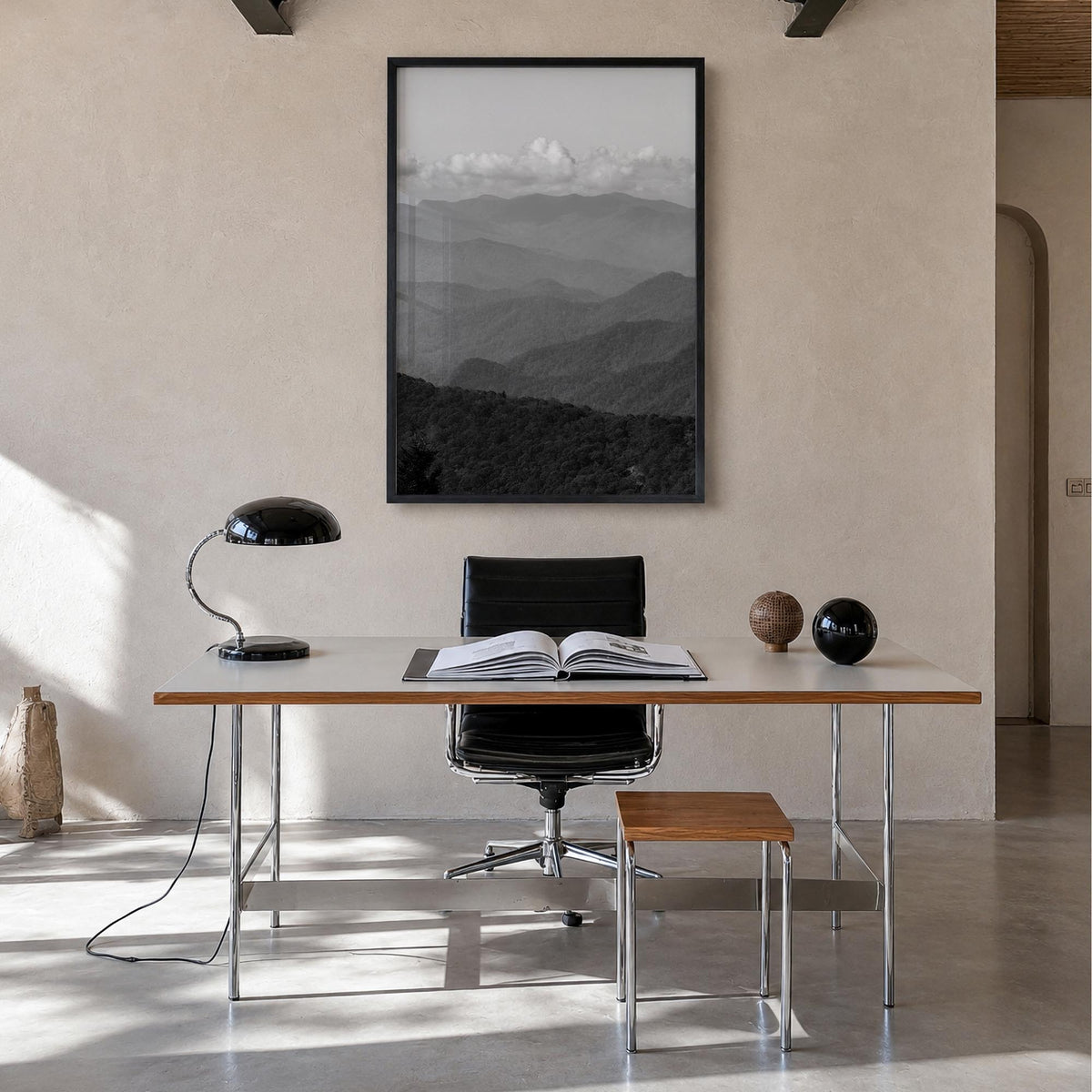 Blue Ridge Mountains black & white photo poster of United States – vertical wall art in black wood frame, hanging on wall