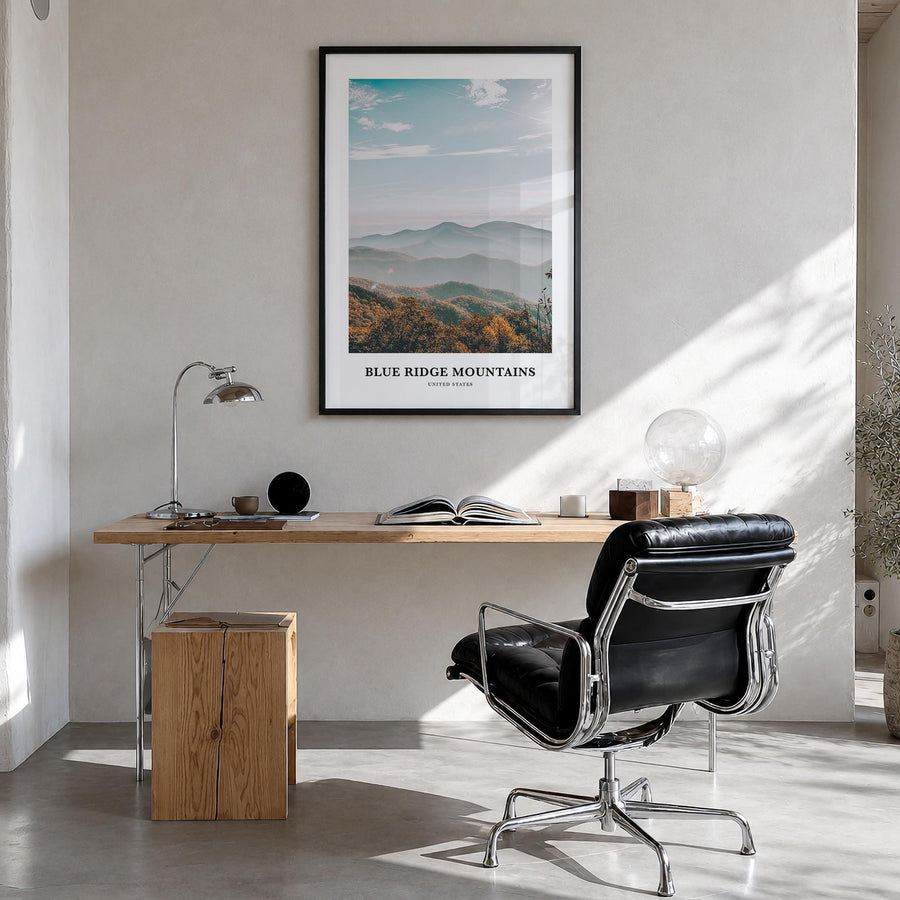 Blue Ridge Mountains colorful classic poster of United States – vertical wall art in black wood frame, hanging on wall