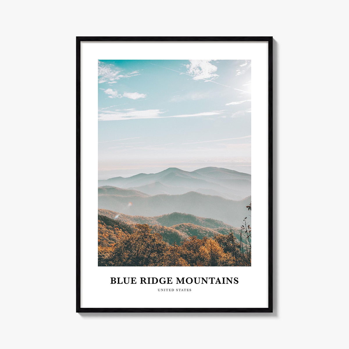Blue Ridge Mountains colorful classic poster of United States – vertical wall art, unframed print shown in interior mockup