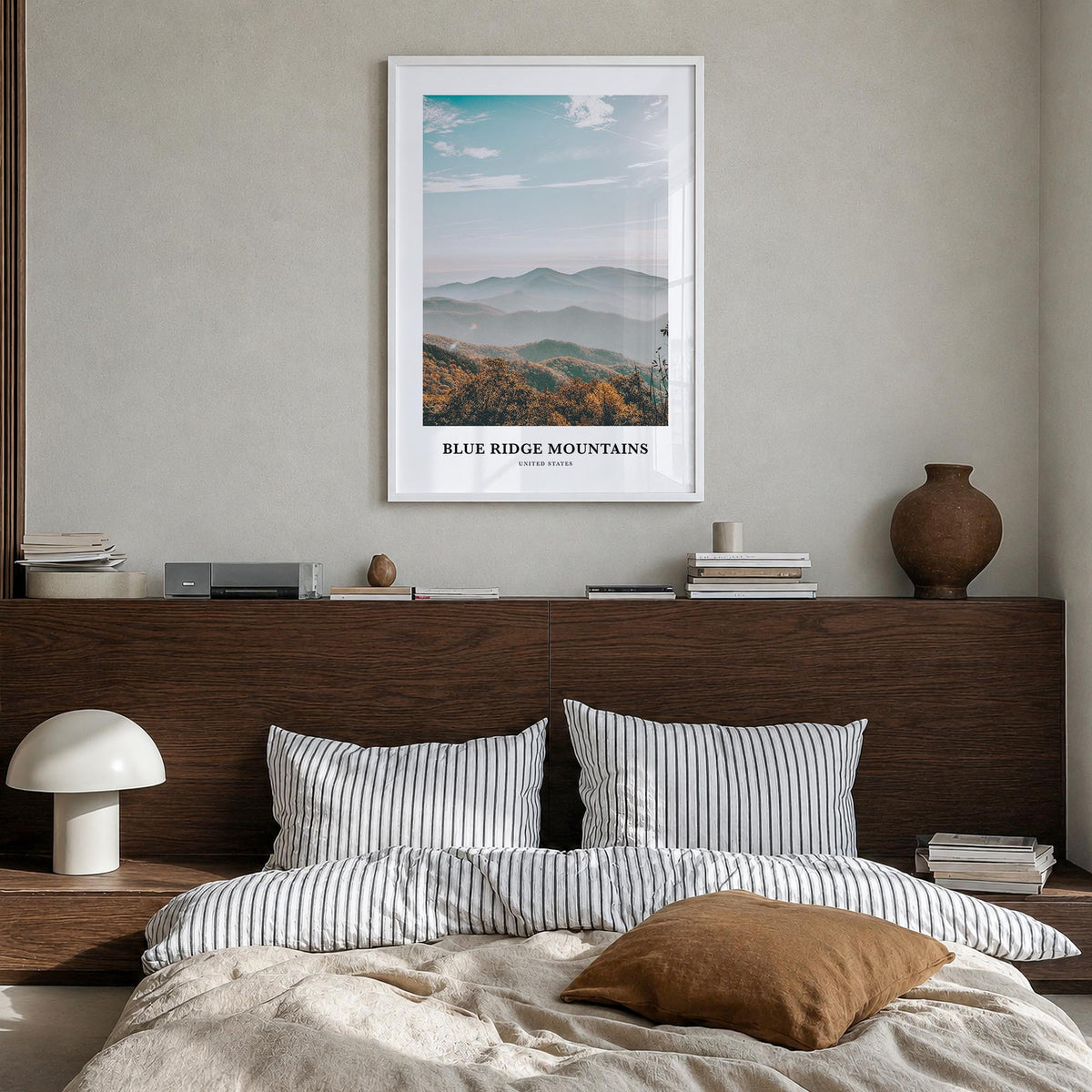 Blue Ridge Mountains colorful classic poster of United States – vertical wall art in white wood frame, hanging on wall