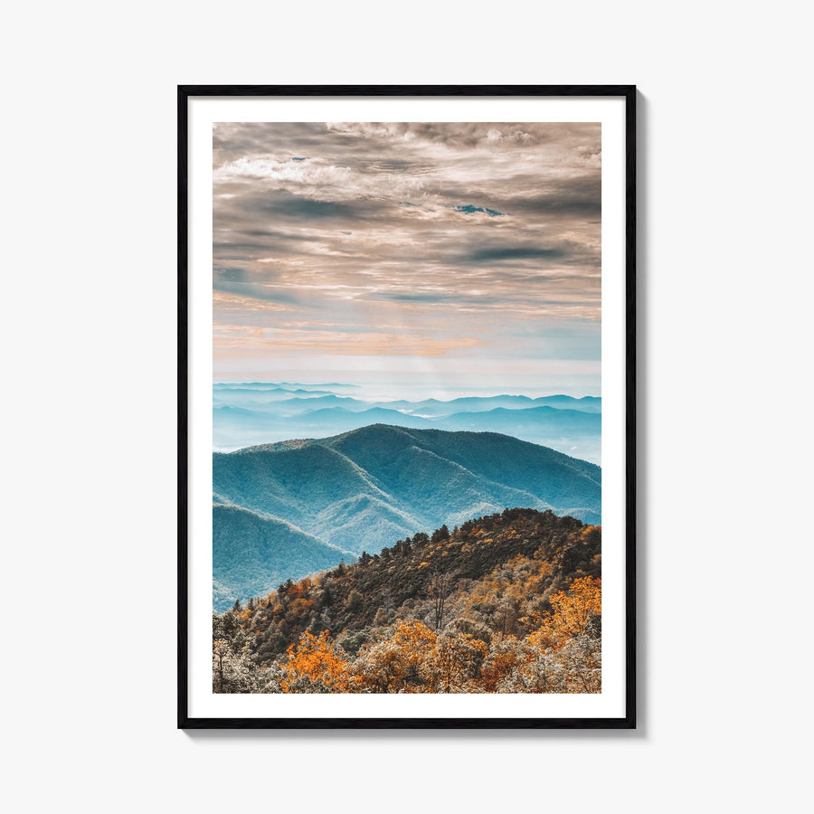 Blue Ridge Mountains colorful photo poster of United States – vertical wall art, unframed print shown in interior mockup