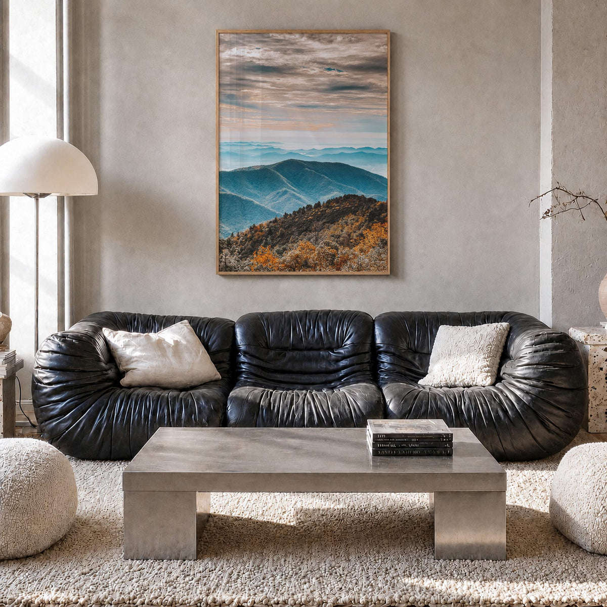 Blue Ridge Mountains colorful photo poster of United States – vertical wall art in natural wood frame, hanging on wall