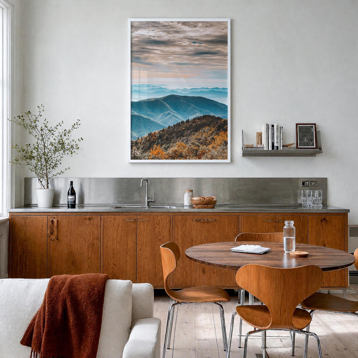 Blue Ridge Mountains colorful photo poster of United States – vertical wall art in white wood frame, hanging on wall