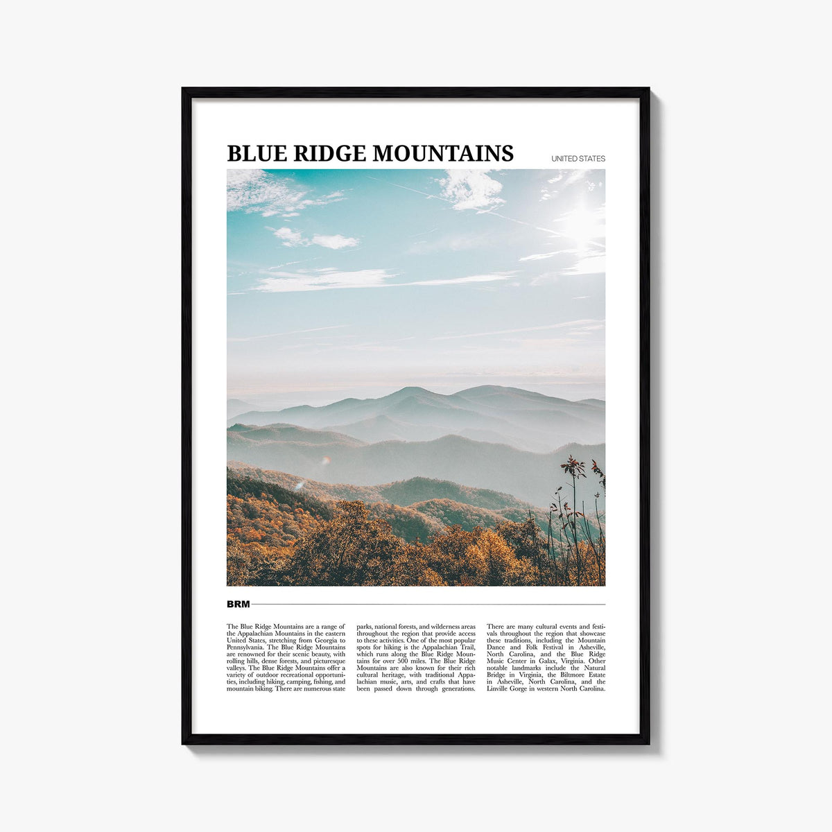 Blue Ridge Mountains colorful travel poster of United States – vertical wall art, unframed print shown in interior mockup