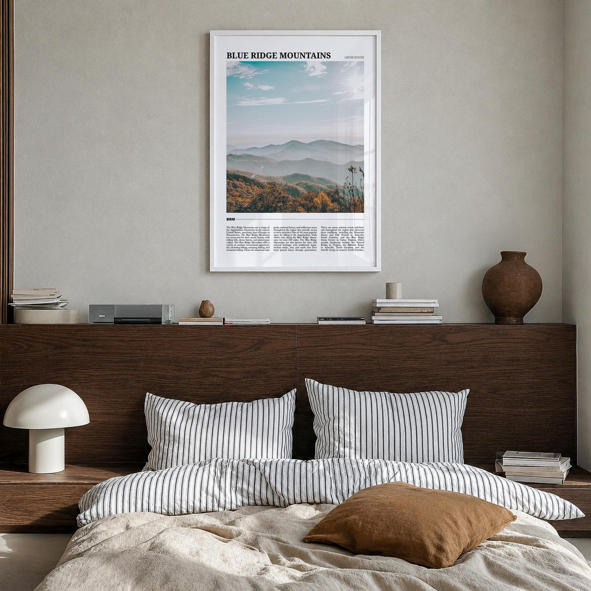 Blue Ridge Mountains colorful travel poster of United States – vertical wall art in white wood frame, hanging on wall