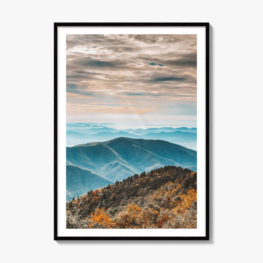 Blue Ridge Mountains Photo Poster, framed poster mockup, white border