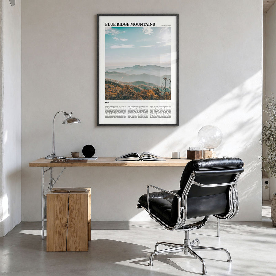 Blue Ridge Mountains Travel Poster in a black wood frame, hanging in a bright home office