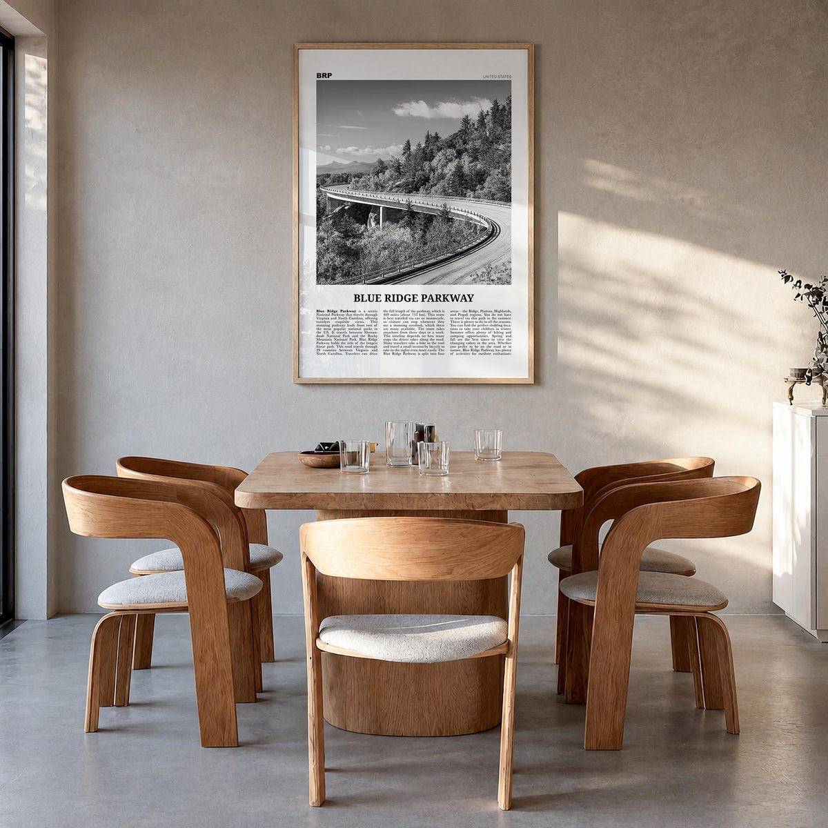 Blue Ridge Parkway black & white newspaper poster of Virginia & North Carolina, USA – vertical wall art in natural wood frame
