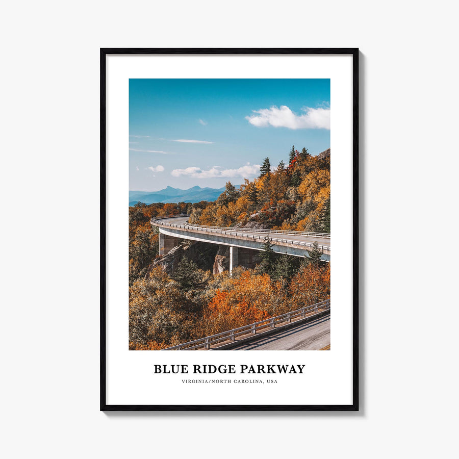 Blue Ridge Parkway colorful classic poster of Virginia & North Carolina, USA – vertical wall art, unframed print shown in int