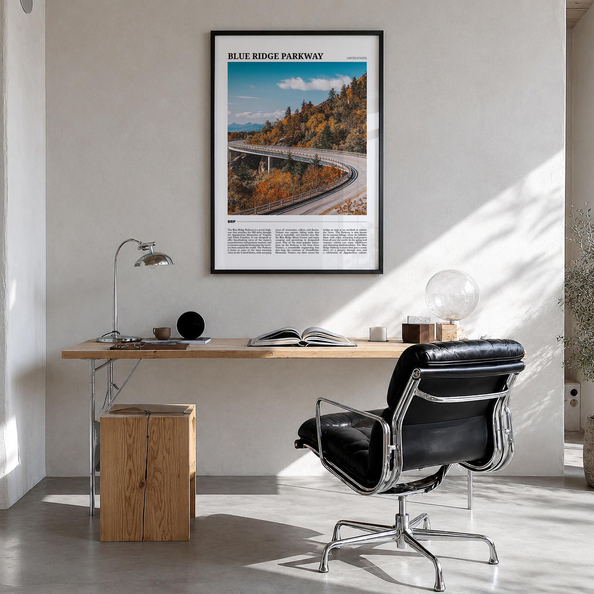 Blue Ridge Parkway colorful travel poster of Virginia & North Carolina, USA – vertical wall art in black wood frame, hanging 