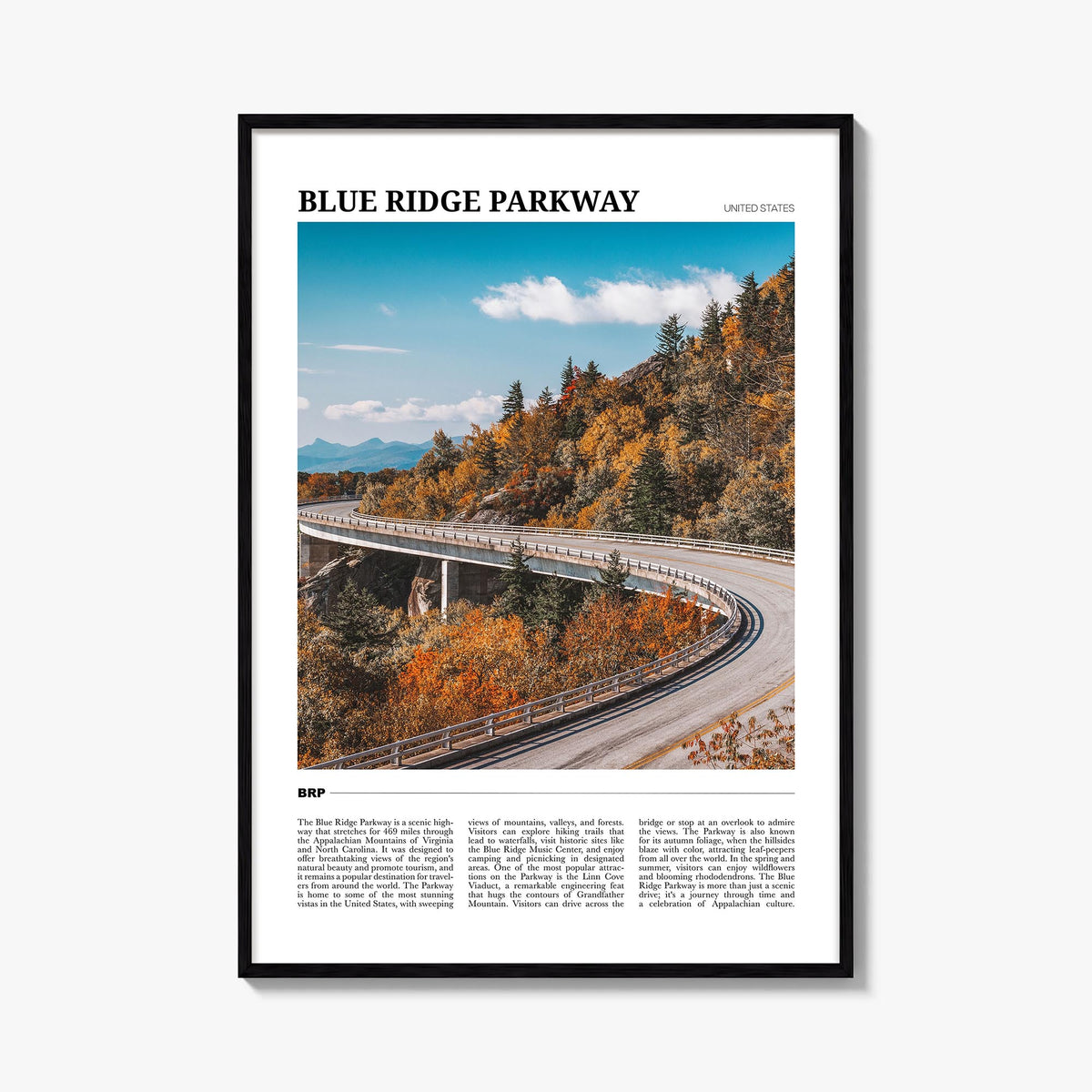 Blue Ridge Parkway colorful travel poster of Virginia & North Carolina, USA – vertical wall art, unframed print shown in inte