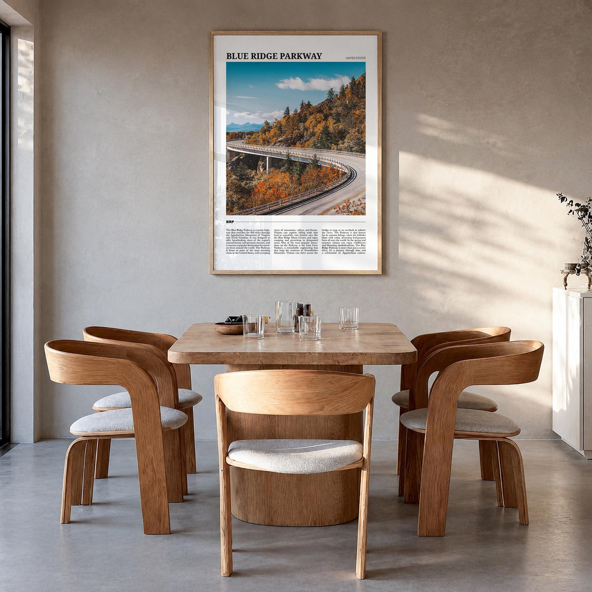 Blue Ridge Parkway colorful travel poster of Virginia & North Carolina, USA – vertical wall art in natural wood frame, hangin