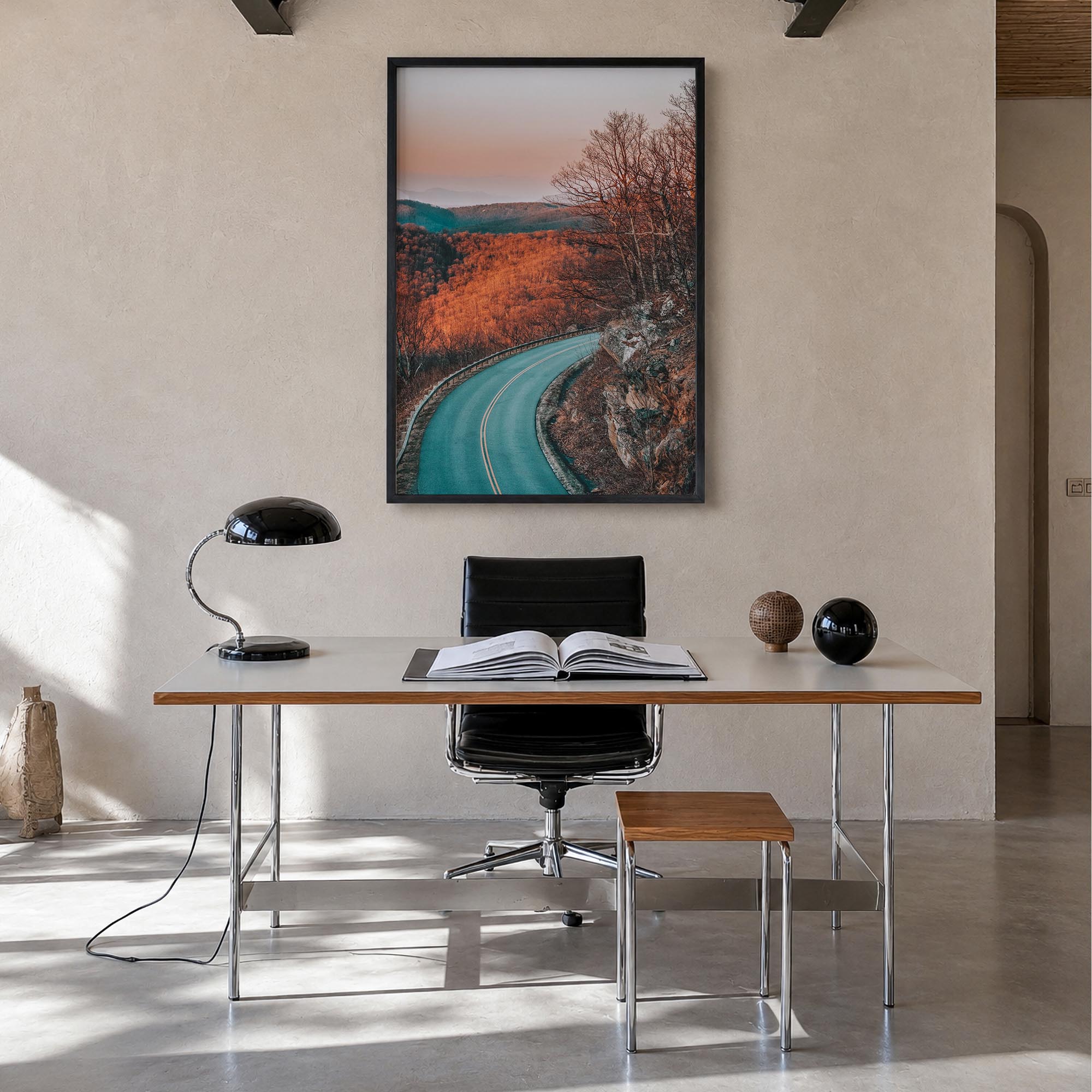 Blue Ridge Parkway no. 1 colorful photo poster of United States – vertical wall art in black wood frame, hanging on wall