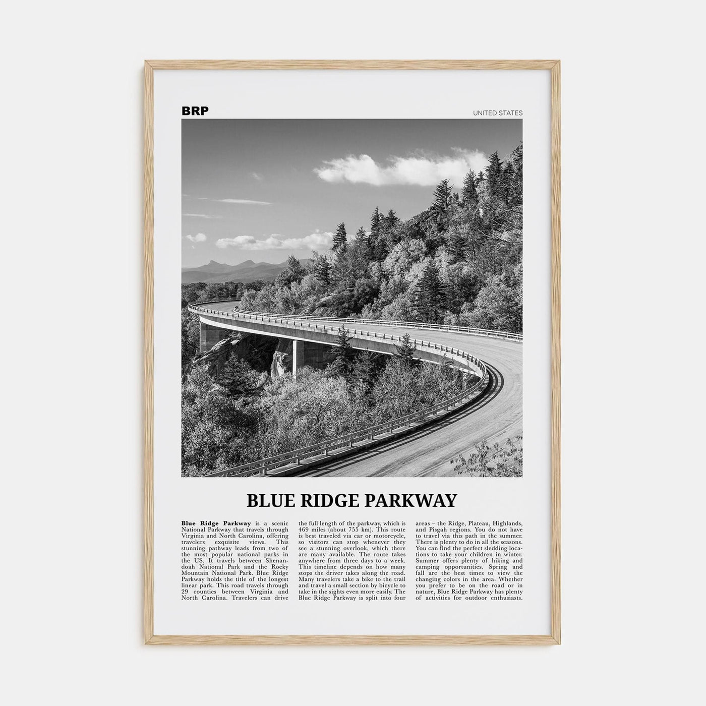 Blue Ridge Parkway Poster Natural Wood / 8x12 in Nbourhood Travel B&W Poster